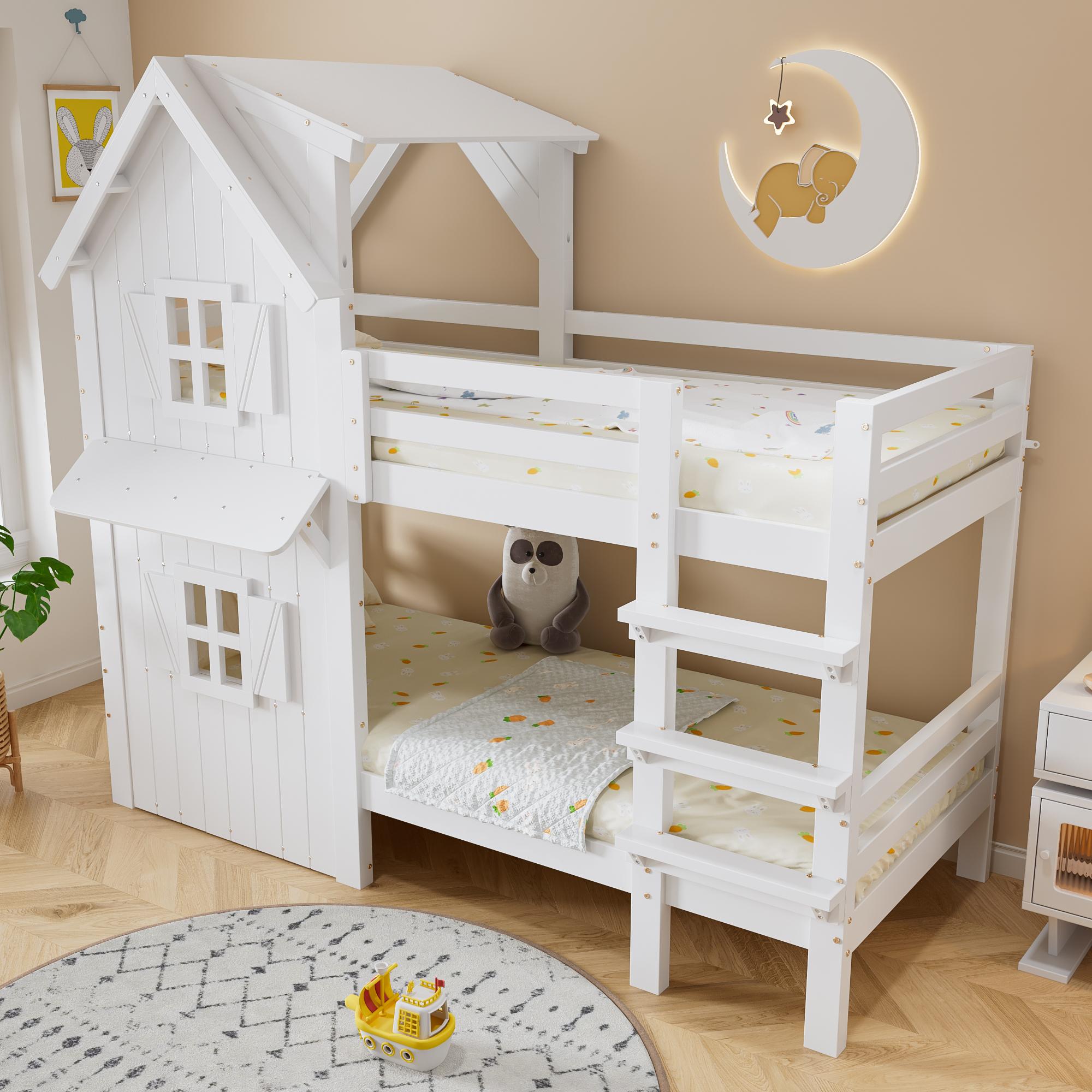 MODFU Etagenbett Hausbett 90x200 Bettgestell mit matratze,Kinderbett mit Fenster,Kinderetagenbett mit Sicherheitsgeländer und Dach,mit Lattenroste,Weiß