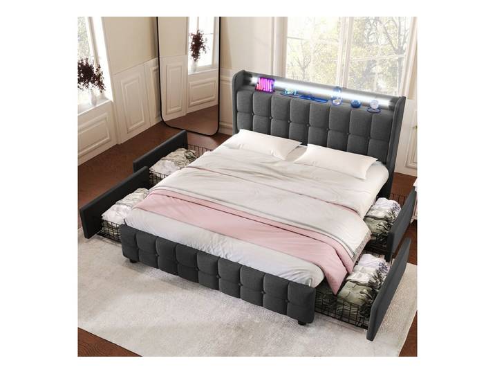 REDOM Polsterbett Doppelbett mit aufladen USB Ladefunktion Kopfteil (mit aufladen USB Ladefunktion LED-Beleuchtung und 4 Schubladen, 140 x 200 cm ohne-Matratze)