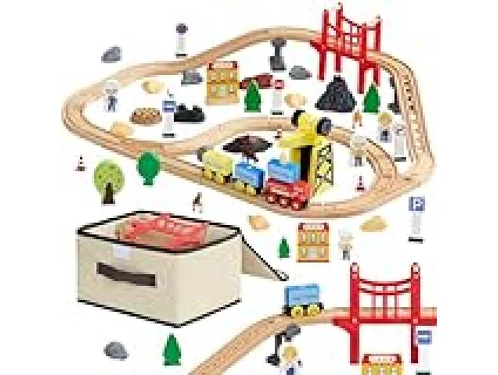VEVOR Circuit de Train Bois Enfants 3-8 Ans Ensemble Rails de Train Bois 70 PCS Jouet pour Noël Anniversaire Garçons Filles, avec Grue Magnétique, Compatible avec Grandes Marques, Chantier Transport