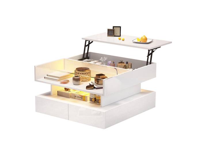Modfu Couchtisch 80x80x45 cm Weiß aus Spanplatte mit Hebefunktion, LED-Beleuchtung, Stauraum und 2 Schubladen, 80x45x80 cm, Wohnzimmer, Wohnzimmertische, Couchtische