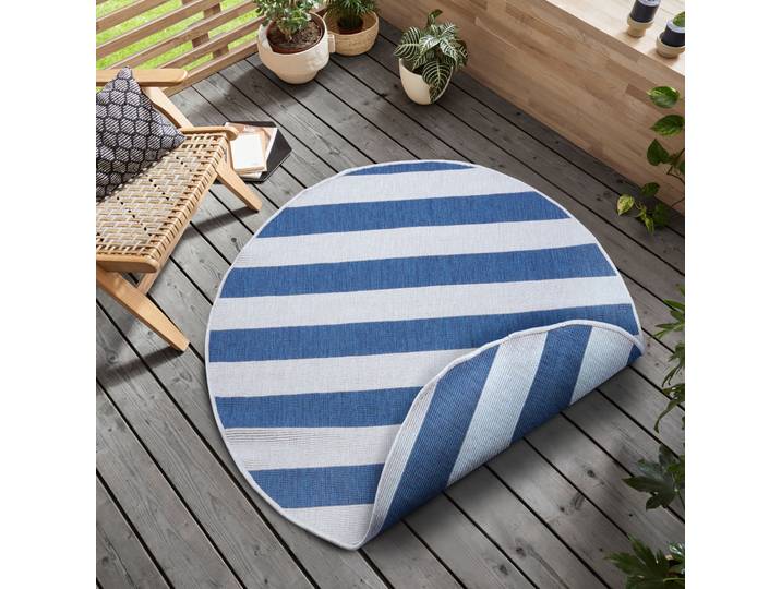 Teppich GOODPRODUCT Alan Wendeteppich , blau (blau, weiß), H:5mm Ø:140cm, Kunstfaser, Teppiche, Teppich, Beidseitig nutzbar, Streifen, Scandi, wetterfest, für In- und Outdoor