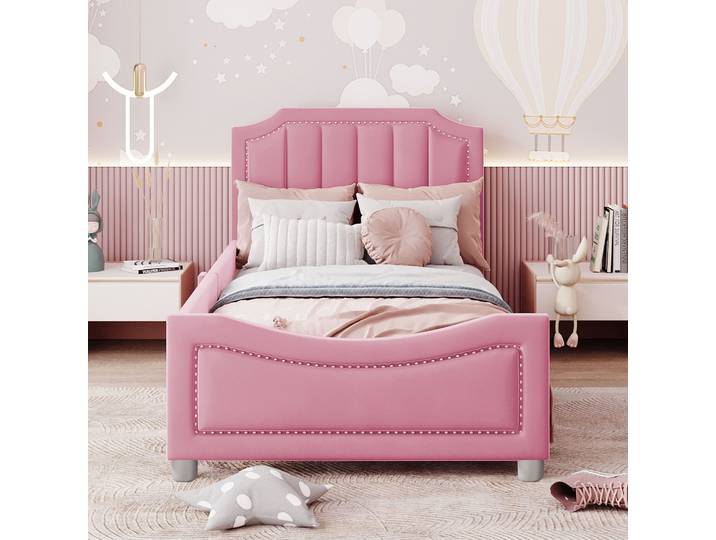 KOMHTOM Lit coussiné pour enfants, canapé-lit, lit 90x200 cm, lit multifonctionnel en flanelle, lit moelleux avec dossier et accoudoirs
