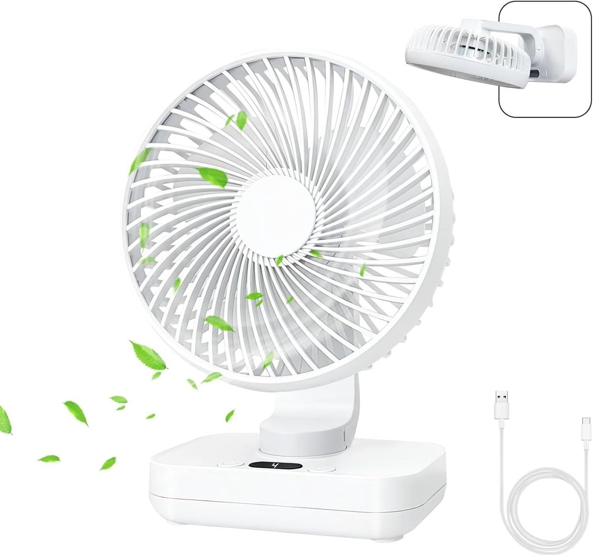 Mini Desk Fan - Stille Persoonlijke Ventilator met Oplaadbare 4000mAh Batterij, 4 Windsnelheden en 270° Oscillatie - Wit