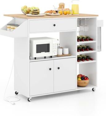Costway Drop Leaf Mobile Kitchen Island Cart with Power Outlet and Adjustable Shelf-White