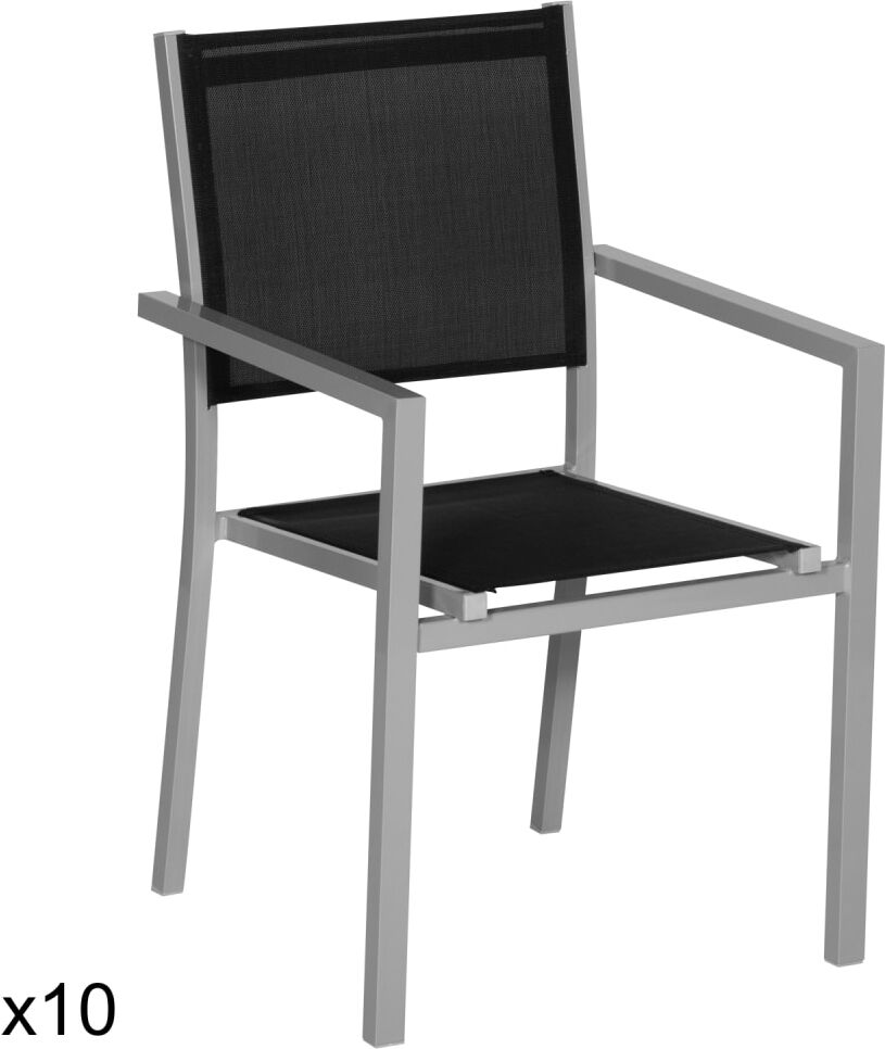 Happy Garden Lot de 10 chaises en aluminium gris et textilène noir Gris 57x90x57cm