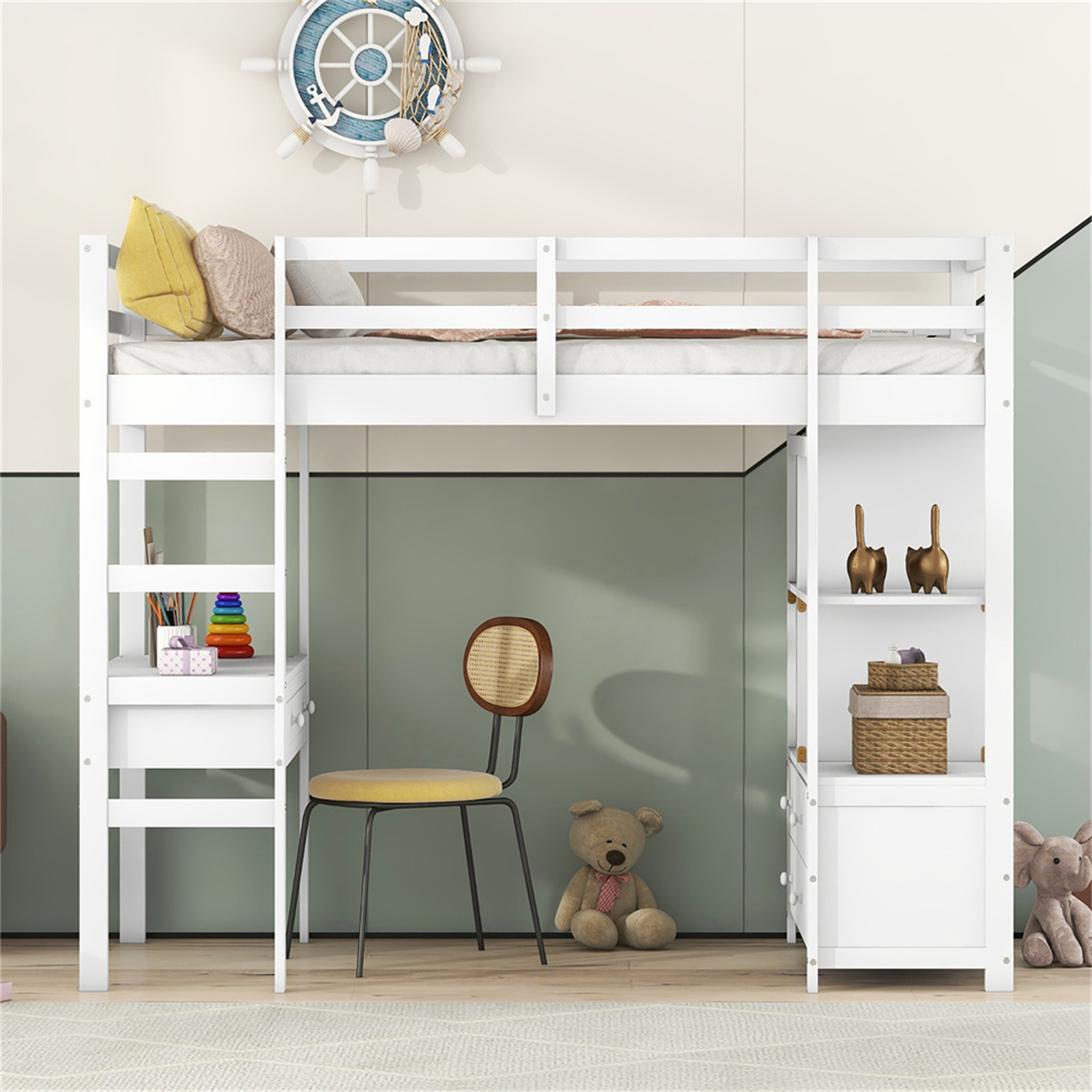Etagenbett 90 x 200cm Kinderhochbett mit Stauraumschubladen und Unterbettschreibtisch, Weiß