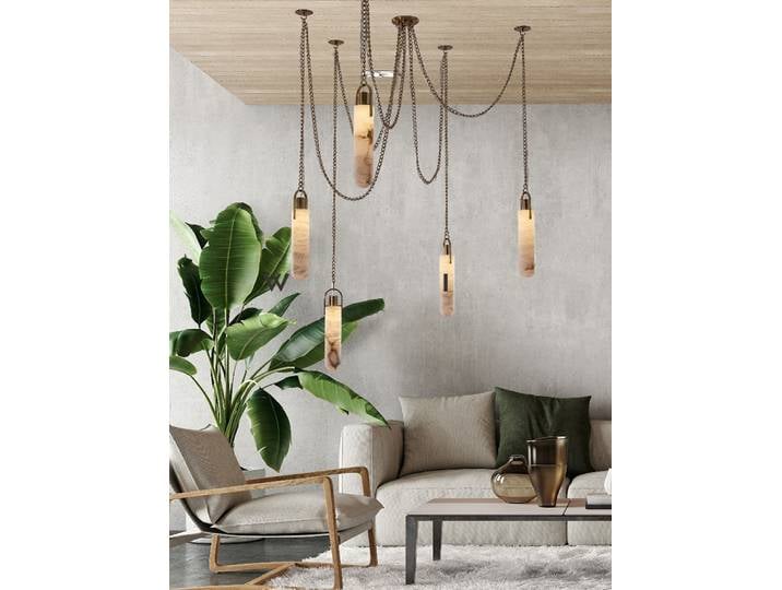 Lustre suspendu LED dimmable tendance 2026 en marbre naturel pour salon