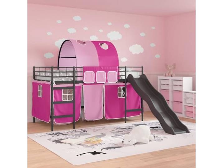 SKTQYQO Hochbett für Kinder, Schwarz und Rosa, 107 x 203 cm Bogendesign, Vorhänge inklusive, robuste Struktur, für Kinderzimmer