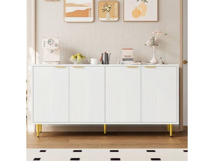 Buffet Sideboard - 160x40x80 cm - Commode 4 Portes avec Poignées Or Brossé et Pieds Haute Brillance - Blanc
