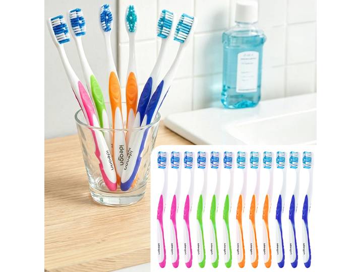 12er-Pack Zahnbürsten mit Zungenreiniger, 4 Farben, Hart