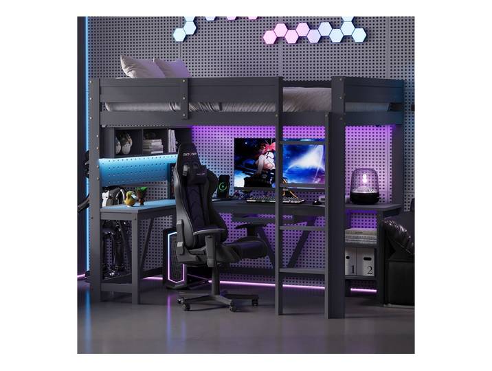 Flieks Hochbett Kinderbett 90x200cm mit Schreibtisch Regal LED-Beleuchtung Aufladen