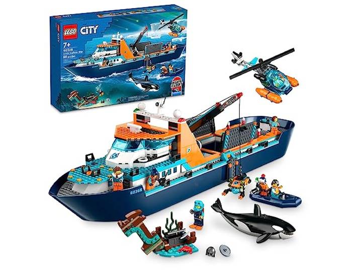 LEGO City Arctic Explorer Ship 60368 Bauspielzeug Set, lustiges Spielzeug Geschenk für 7-jährige Jungen und Mädchen, mit einem schwimmfähigen Boot, Hubschrauber, Schlauchboot, ROV Sub,