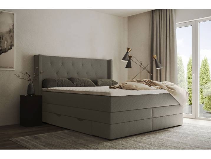 Boxspringbett HOME AFFAIRE Elegance , grau, B:181cm L:210cm, Samtoptik (100% Polyester);Struktur (100% Polyester), Komplettbetten, Boxspringbett, mit schöner Knopfheftung, in den Härtegraden H2 & H3, inkl. Schubladen