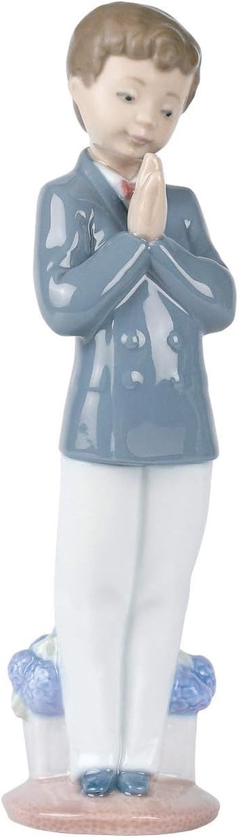 Handgemaakt porseleinen gebedstijd figuur - Religieus communie beeld - Wit bruin blauw