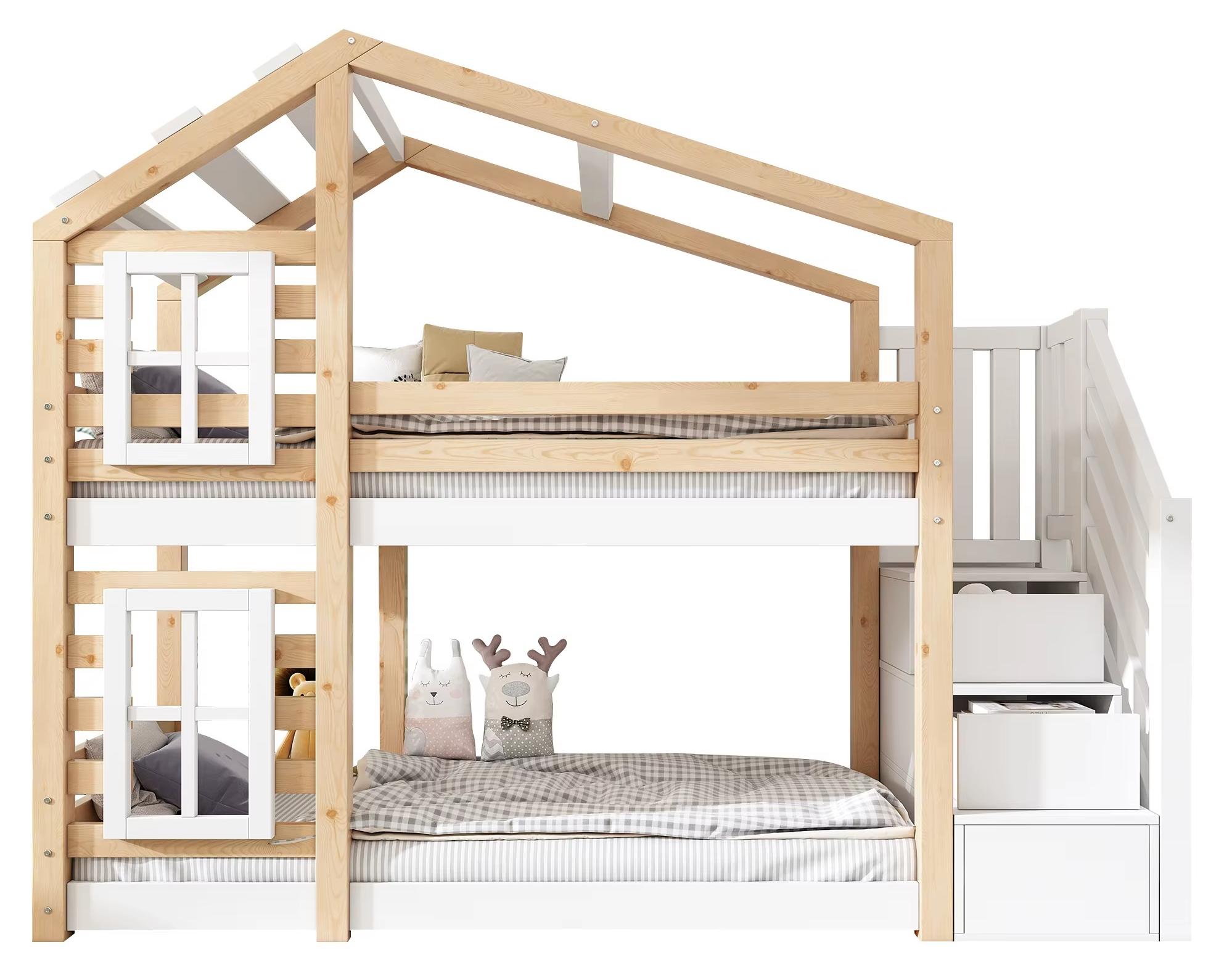 Kinderhausbett - Bodenbett - 90 x 200 cm - Fenster - Stauraum - Rausfallschutz - Weiß - Ohne Matratze