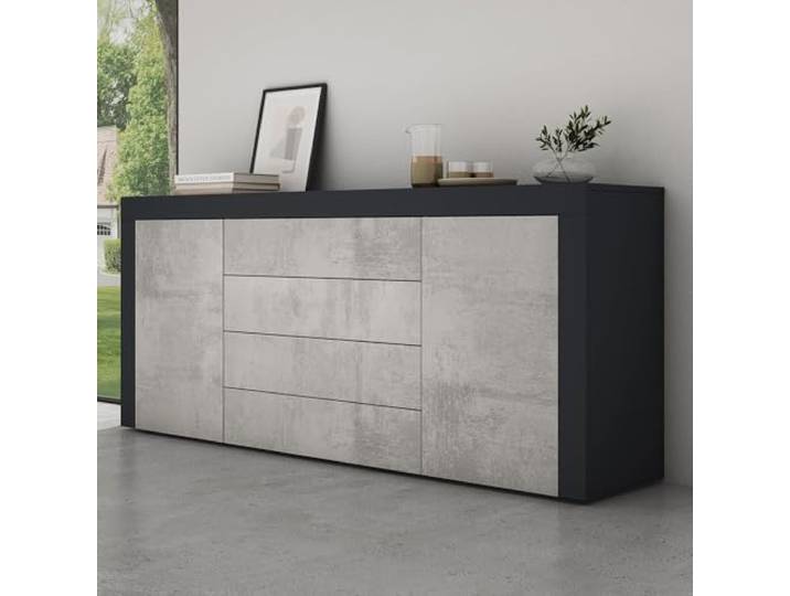 Mai & Mai Sideboard Kommode 167cm 4 Schubladen 2 Türen Stauraum Kommode mit Schubladen & verstellbaren Böden, grifflos, matt Anthrazit & Beton, für Wohnbereich, BxTxH:167x36x70cm, Schrank03