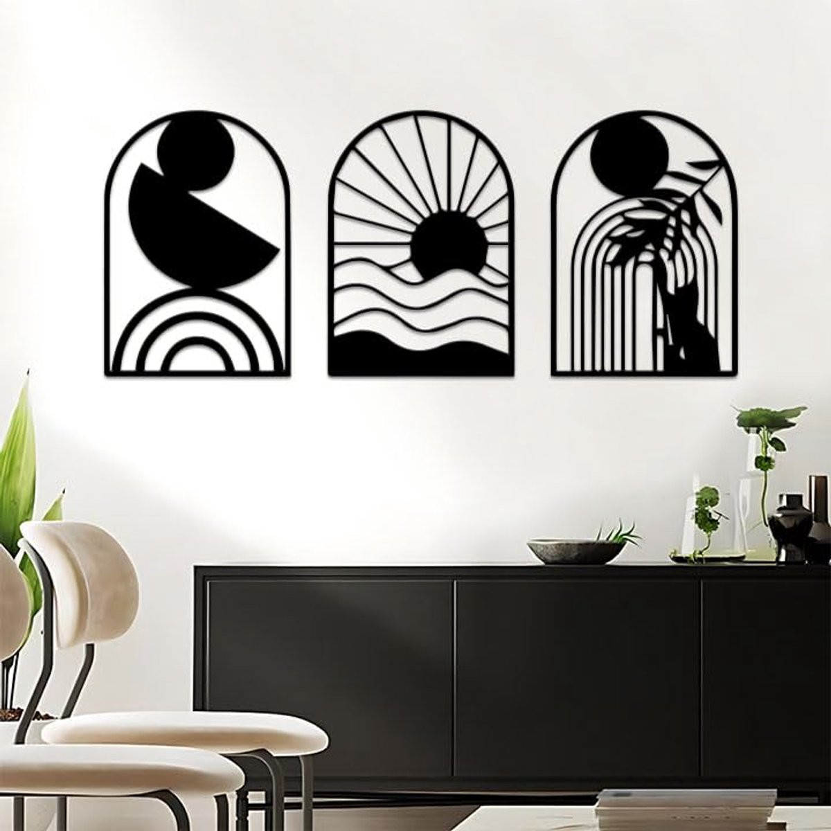Ibenzoa Moderne Geometrische Boho Wanddecoratie Set van 3 - Zwart