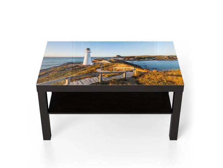 DEQORI Glastisch schwarz groß 90x50 cm Motiv Leuchtturm Idylle ausgefallener Beistelltisch aus Glas Hochglanz Couchtisch fürs Wohnzimmer moderner Couch Tisch mit Design