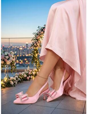 LightInthebox Women's Pink Satin Slingback Heels - Elegant Pointed Toe Wedding Guest Shoes with Rhinestone Bow Flared Heel for City Weddings, Rooftop Parties Formal Events