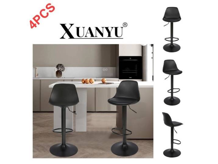 Tabourets de Bar pivotants Modernes - XUANYU - Chaise de Bar rembourrée en PU - Noir - Lot de 4