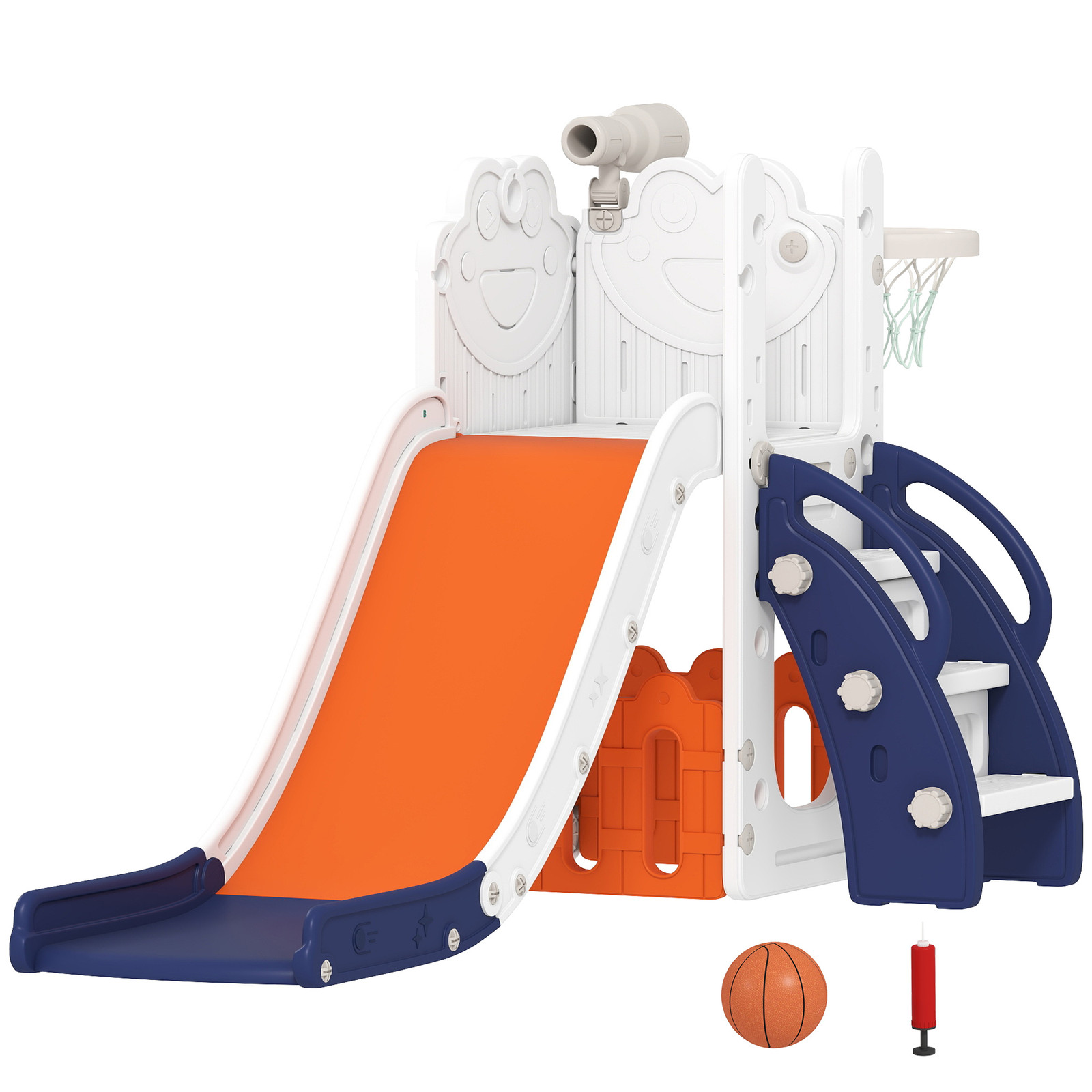 AIYAPLAY 5-in-1 kinderglijbaan-set met telescoop en basketbalring, kunststof, oranje+donkerblauw