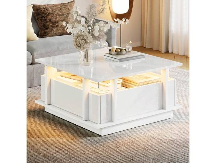 Table Basse Carrée 70 cm Blanc Laqué Brillant-2 Tiroirs de Rangement-LED Ambiante-Étagères Acrylique Transparentes-Alimentation USB