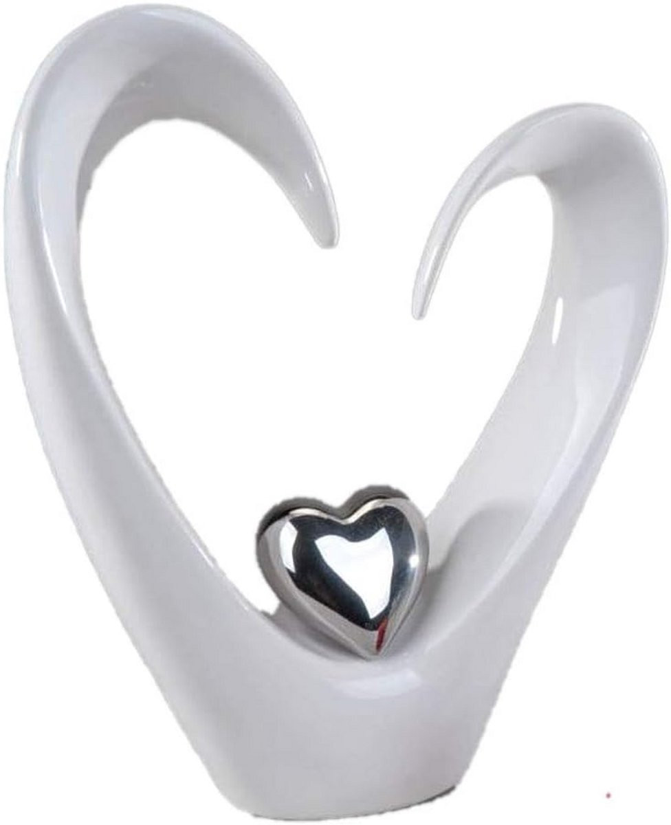 Moderne hartsculptuur van keramiek in zilver en wit, Hoogte: 33 cm