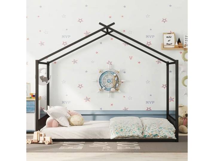Lit enfant - Lit cabane - 140 x 200 cm - Cadre métal noir - Forme maison