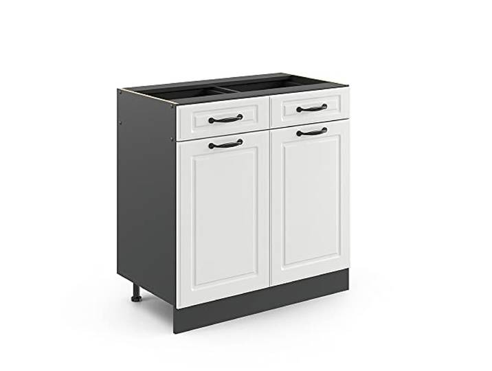 Vicco Küchenunterschrank R-Line, Weiß Landhaus, 80 cm MDF-Front · Ohne Arbeitsplatte · Höhenverst. Füße · 2 Türen · Leichter Zugriff