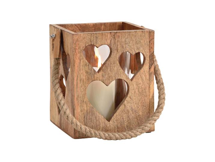 Windlicht G. Wurm mit Herzen , braun, B:15cm H:18cm T:15cm, Glas, Kerzenhalter, Windlicht, Holzart: Mango (China)