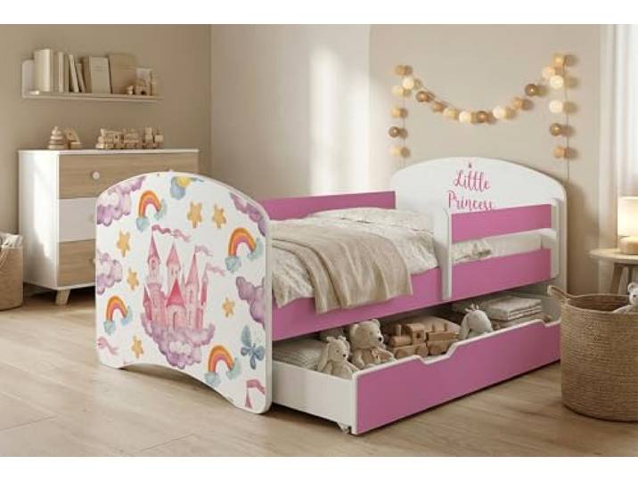 Happy Babies Kinderbett Kinderbett mit Rausfallschutz und Bettschublade, Ideales Bett für Mädchen und Jungen 160x80 mit Matratze, Rose Bett Prinzessin, Set, farbenfroh (Nr 155, 160x80)