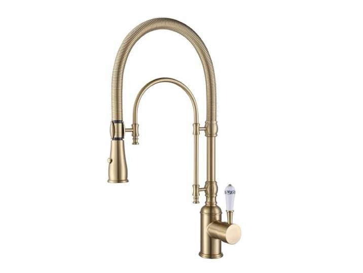 Kunmai Einhandgriff Hoher Bogen Küchenspüle Armaturen Gebürstet Gold Dual-Mode Pull-Down Küchenarmatur Massives Messing Porzellan Griff