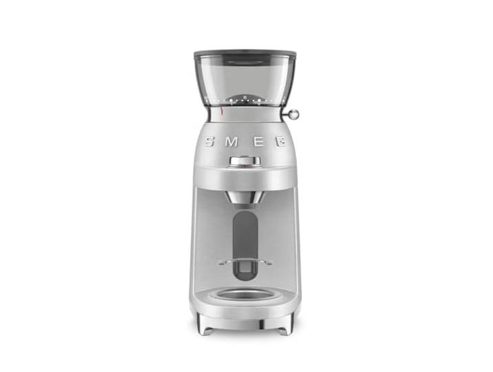 Smeg, Kaffeemühle CGF02SSEU, konisches Edelstahlmahlwerk, 50 Mahlgrad Einstellungen, 240 g Kaffeebohnenbehälter, Einzel- und Doppelkaffeefunktion, Antistatiksystem, 150W, Aluminium