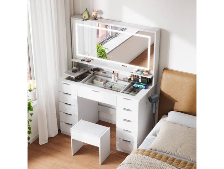 Mondeer - Coiffeuse avec miroir LED et tabouret - 11 tiroirs plateau verre prise+USB luminosité réglable - Blanc 108x37 5x140 cm