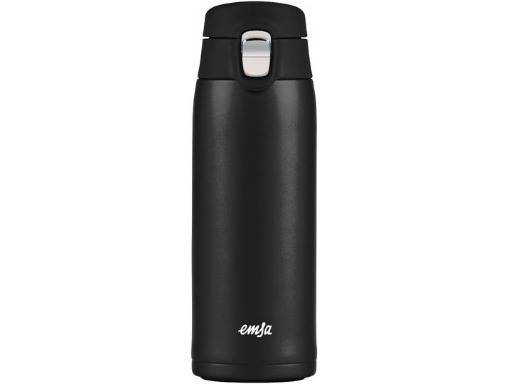 Thermobecher EMSA Travel Mug , schwarz, H:19,6cm Ø:6,6cm, Edelstahl, Kunststoff, Trinkgefäße, Thermobecher, 0,4L, leicht, Edelstahl, Klappverschluss, 100% dicht, 8h heiß/16h kalt
