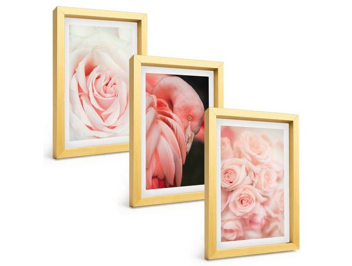 BILDER SET 3er Set - 20x30 cm Goldrahmen - Zartrosa Flamingos