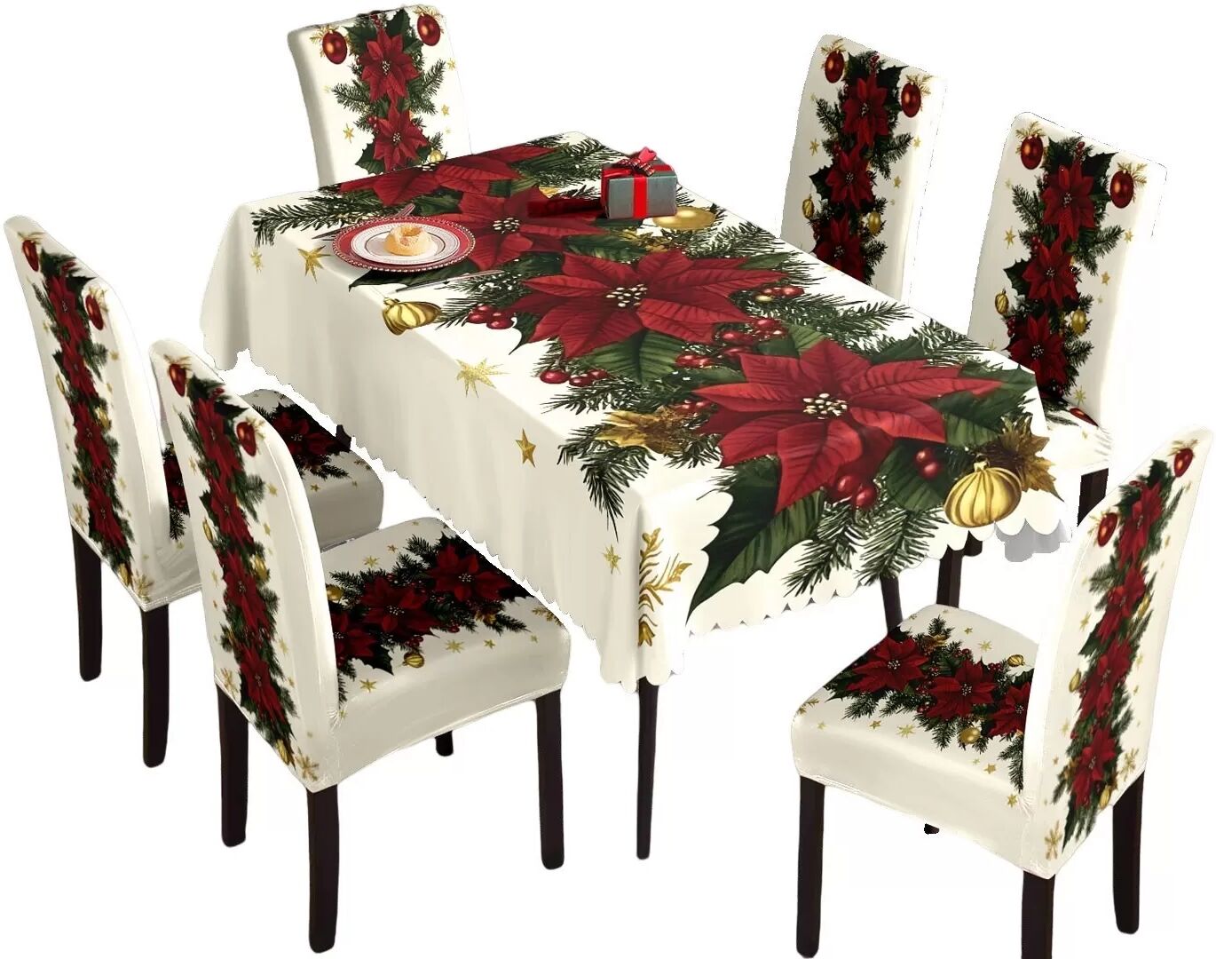INF Ensemble de Nappe et Housses de Chaise de Noël - Fond Blanc