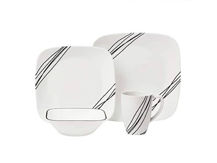 Corelle Geschirr-Set Simple Sketch aus Vitrelle-Glas für 4 Personen 16-teilig, splitter- und bruchfest, schwarz