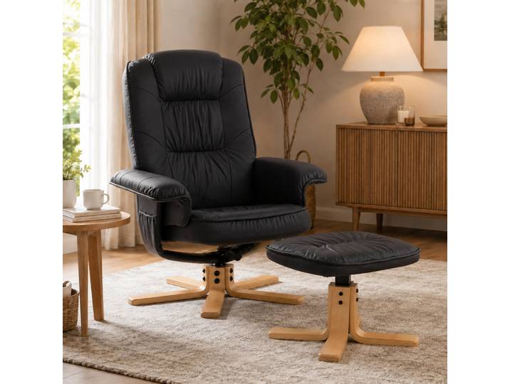 Fauteuil relax M56\, Fauteuil TV avec pouf Ottomane\, Similicuir Eucalyptus Bois FSC®- ~ noir
