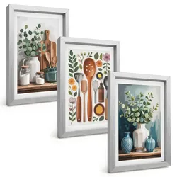 BILDER SET 3er Set - 20x30 cm Silberner Rahmen - Küchenaccessoires auf pflanzlicher Basis