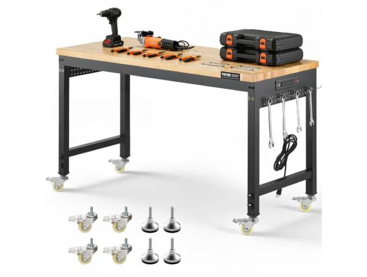 VEVOR Établi Atelier Garage 1220 mm Table de Travail sur roulettes à Hauteur Réglable\, Capacité de Charge 907\,2 kg avec Prise de Courant\, Panneau Perforé\, Établi Robuste en Chêne pour Bureau\, Maison