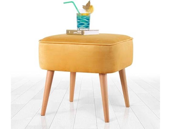 Atelier Del Sofa Böhmischer Samtpouf mit Holzbeinen, Gelb, 45 x 43 x 45 cm 100% Samt, 35% orthopädischer Schaumstoff, 6 cm dick Stilvoller und bequemer Akzent