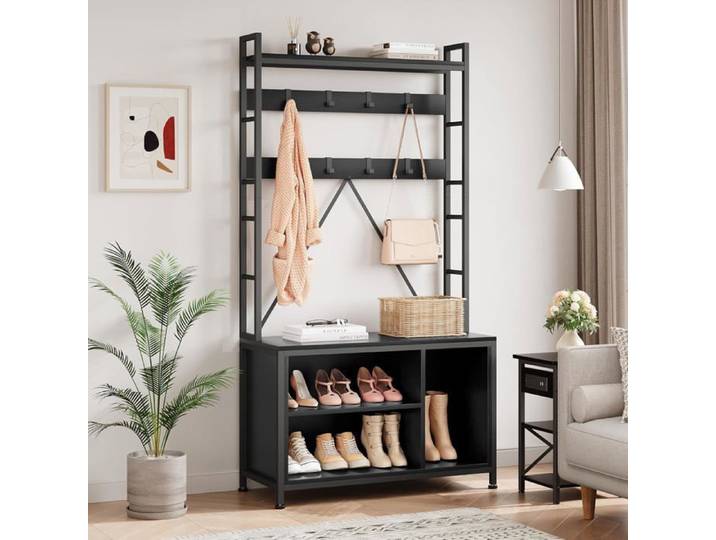 Meuble d'entrée Industriel Avec Banc Porte-Manteau Meuble à Chaussures Pour Vestiaire Couloir Entrée Brun Rustique - Noir