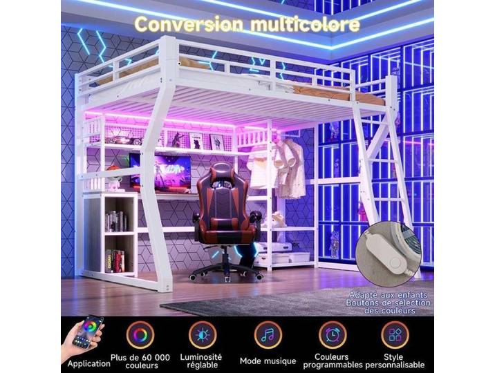 LIT MEZZANINE - YEHTOKHOME - Style e-sport - 140 x 200 cm - Bureau & rangement intégré - LED RGB + prise