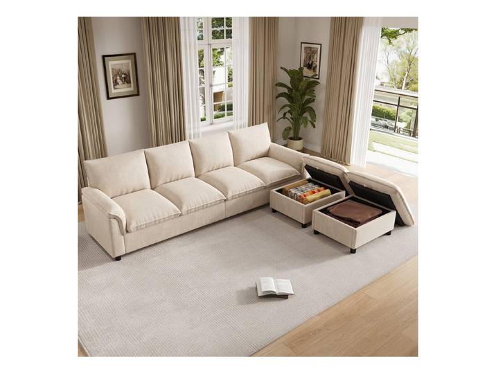 MODFU Sofa Wohnzimmer-Sofa, mit Deep-Seat-Design, mit 2 beweglichen Fußhockern, hohe Rückenlehne 1 Teile