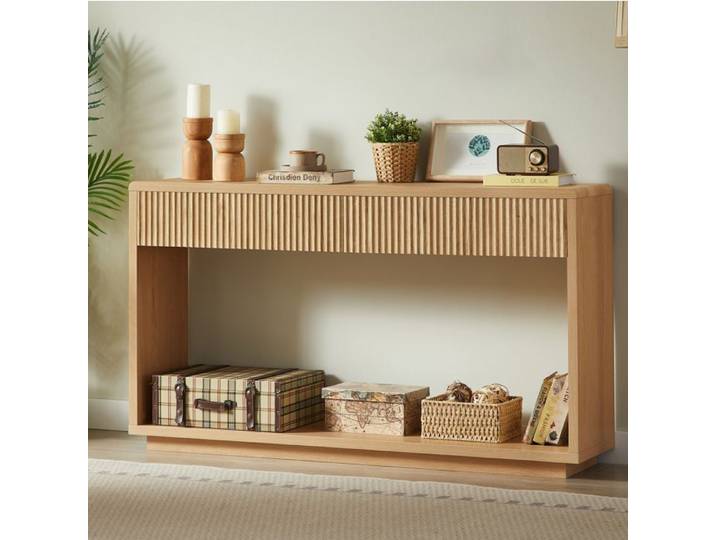 MEUBLIV Console d'entree 150 cm avec 2 tiroirs niche ouverte facades rainurees chene clair