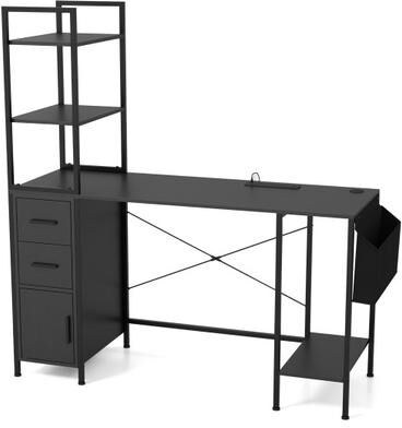 Costway Office Desk with LED Lights and Power Outlets Computer Desk with Open Shelves-Black