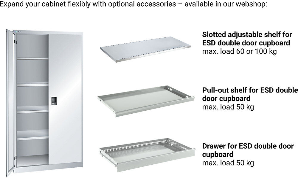 ESD-Flügeltürschrank, H 1000 mm, 2 Fachböden, BxT 1000 x 400 mm, lichtgrau LISTA