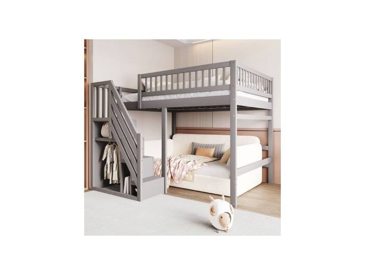 ®RisingFF Lit enfant 140 x 200 cm avec escalier et rangement garde-corps haut cadre de lit en bois massif gris