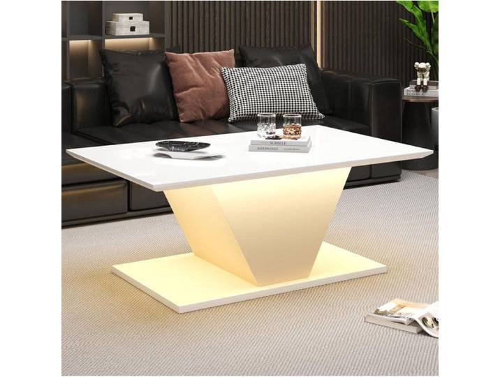 Table Basse - TANANT - Table basse avec lampe LED - Blanc haute brillance - Rectangulaire - 100x50x46 cm